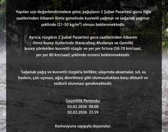 BURSA GENELİNDE KUVVETLİ SAĞANAK BEKLENİYOR