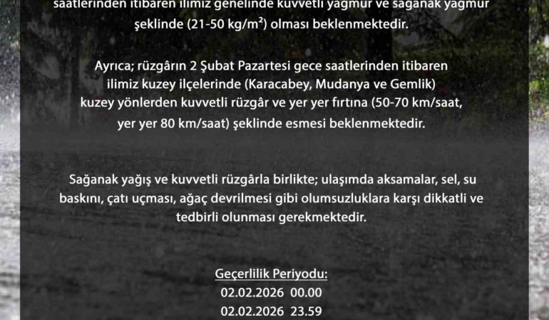 Bursa genelinde kuvvetli sağanak bekleniyor